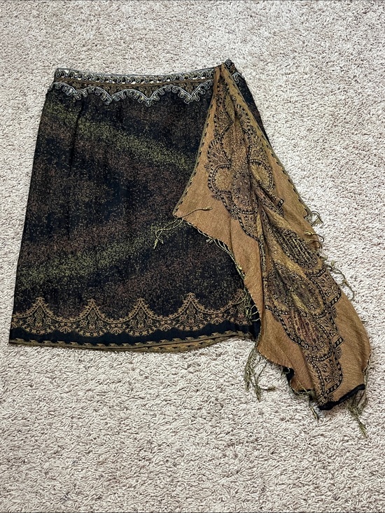 Alberto Makali Dresses & Skirts - Vintage Alberto Makali Black & Brown Beaded & Fringed Scarf Skirt Women’s 14